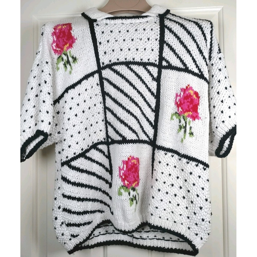Vintage Pronto Moda Hand Knit Sweater M White Geometric Rose Floral 80s 90s